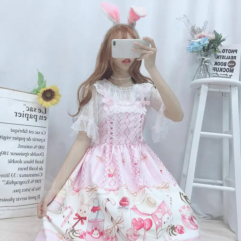 Robe Lolita japonaise douce et mignonne JSK pour femmes, style été, imprimé dessin animé, style kawaii, pour cosplay de princesse.