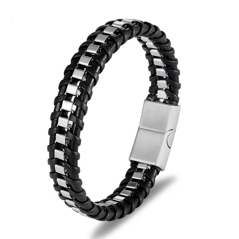 MKENDN Locomotive Vintage Black Chain Link Men Leather Bracelet Punk Stainless Steel Motorcycle Bracelets Male Jewelry