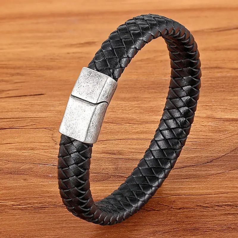 TYO Fashion Stainless Steel Charm Magnetic Black Men Bracelet Leather Genuine Braided Punk Rock Bangles Jewelry Accessories - Madeinsea©