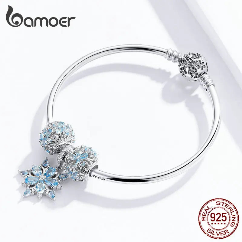bamoer Genuine 925 Sterling Silver Winter Snowflake Princess Bangle for Women Charm Bracelet Luxury European Bijoux SCB833