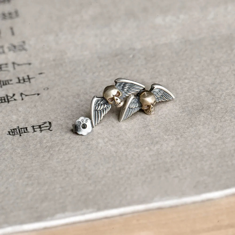 MKENDN 100% 925 Sterling Silver Creative Retro Skull Wings Stud Earring Trendy Street Punk Style Ear Pin for Men Women Jewelry