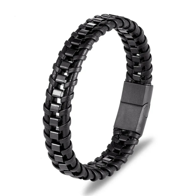 MKENDN Locomotive Vintage Black Chain Link Men Leather Bracelet Punk Stainless Steel Motorcycle Bracelets Male Jewelry