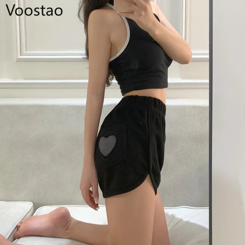 Summer Sweet Harajuku Sports Shorts Women Korean Cute Love Hearts Lolita Casual Shorts Girls High Waist Loose Punk Short Pants
