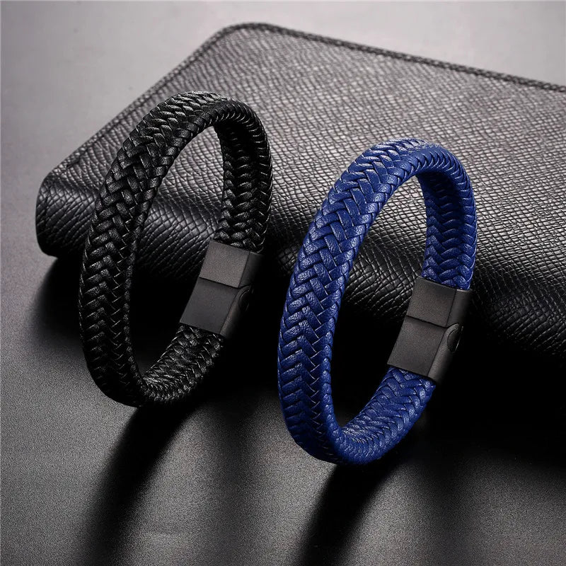 MKENDN Punk Style Leather Bracelet for Men Black Braided Woven Bangle with Magnetic Clasp Stainless Steel Jewelry Gift for Him