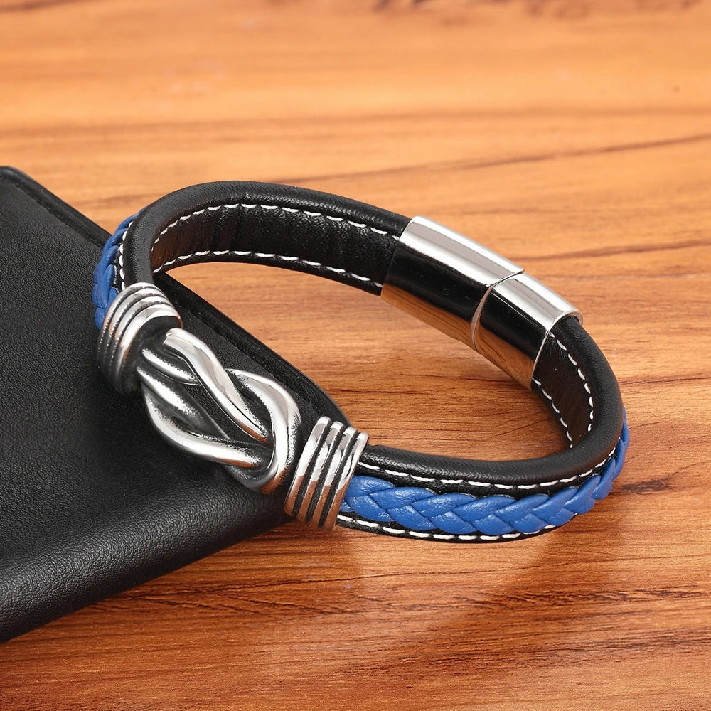 TYO Geometric Stainless Steel Men's Leather Bracelet Hand-woven Magnetic Clasp Black Blue Leather Bangle Christmas Jewelry Gift - Madeinsea©