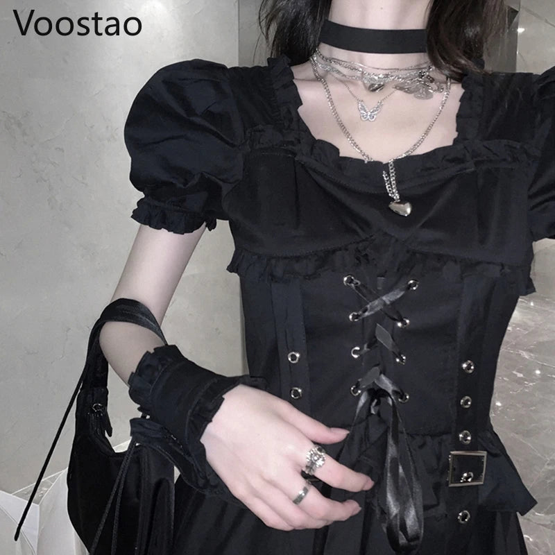 Gothic Lolita Style Dress Summer Women Chic Puff Sleeve Bandage Party Punk Mini Dresses Cool Girls Black Ruffles Tiered Dress
