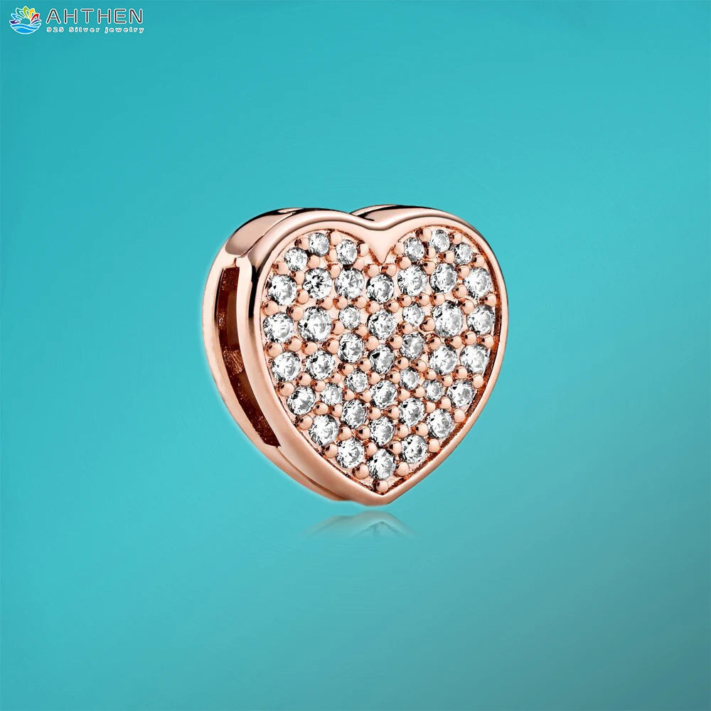 Ahthen 925 Sterling Silver Bead Silver Star Timeless Sparkle Heart Dangle Clip Charms fit Snake Chain Reflexions Bracelets