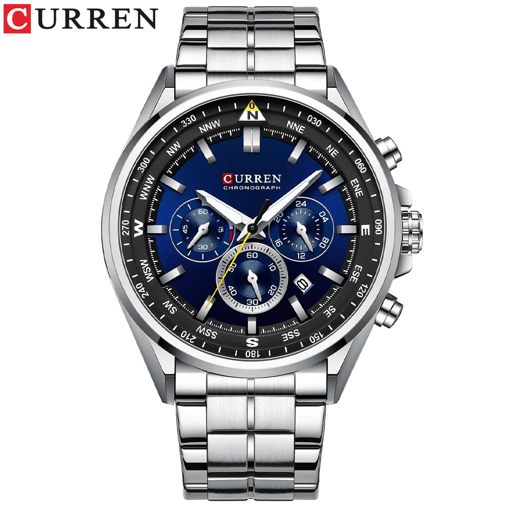 CURREN Luxury Brand Watches for Men Casual Sporty Quartz Wristwatch with 316 Stainless Steel Band Chronograph Clock Male Silver