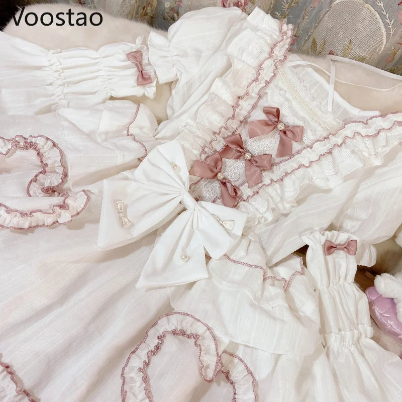 Sweet Chic Lolita Princess OP Dress Women Vintage Elegant Bow Lace Ruffles Pearls Flowers Wedding Dresses Girly Cute Party Dress