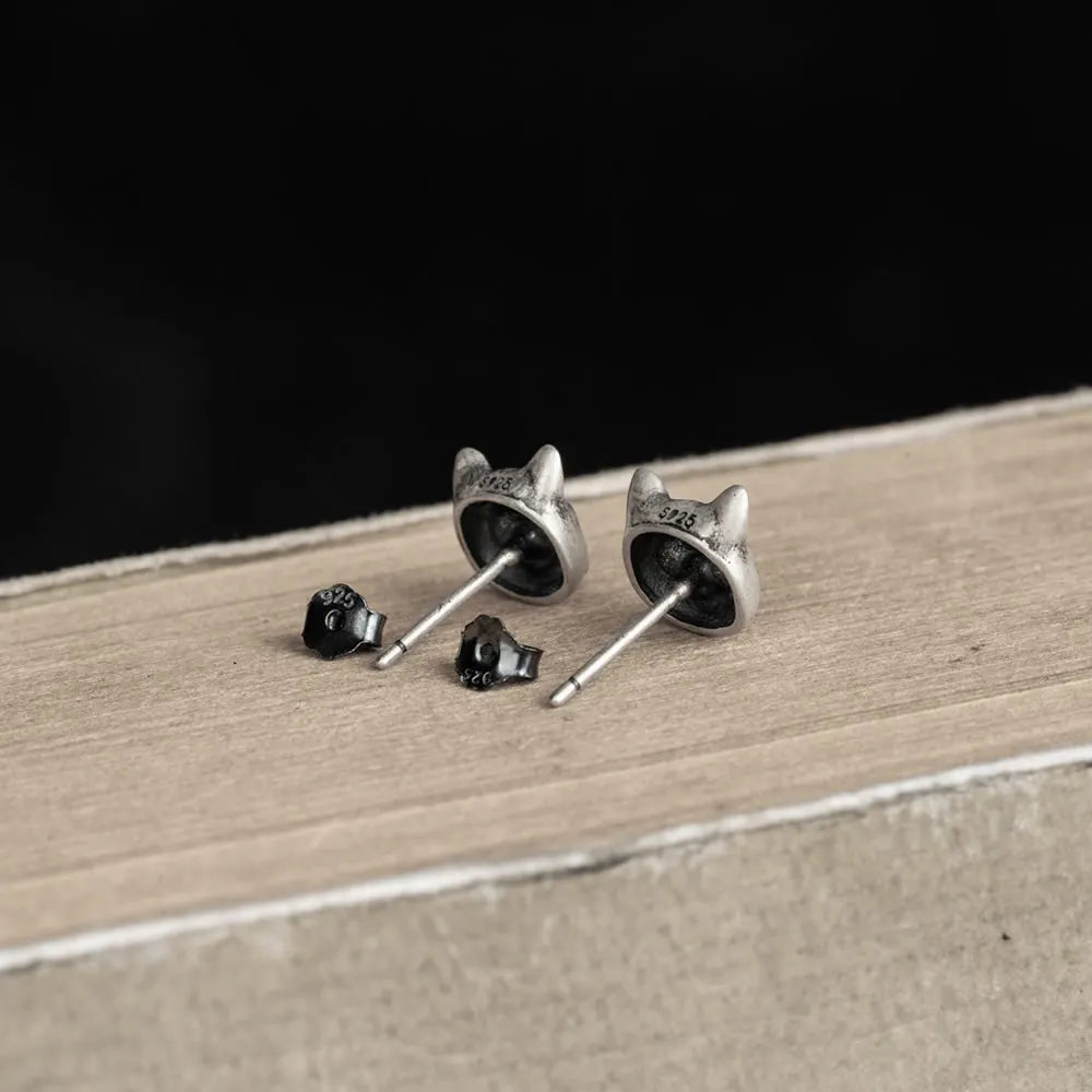 MKENDN 100% 925 Sterling Silver Creative Retro Cat Stud Earring Punk Street Style Ear Pin for Men Women Fine Jewelry