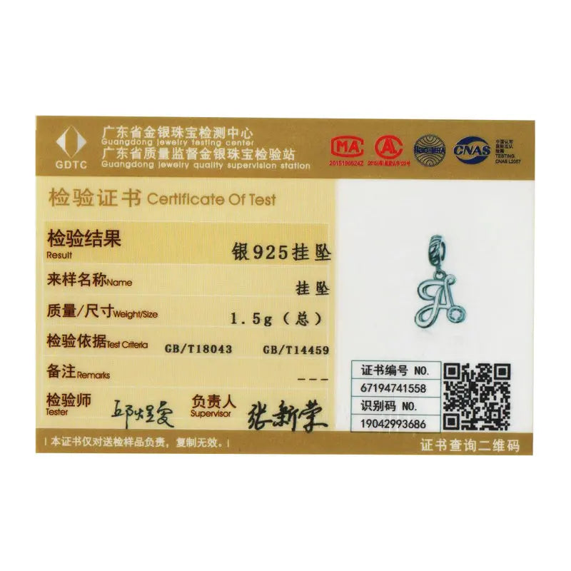 BAMOER 26 Letters alphabet Pendant 925 Sterling Silver Handwritten Language Pendants Charm for Bracelets and Necklace SCC1183