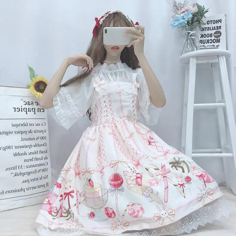 Japanese Sweet JSK Lolita Dress Women Summer Cute Soft Sister Cartoon Print Girls Kawaii Lolita Cosplay Princess Suspender Dress
