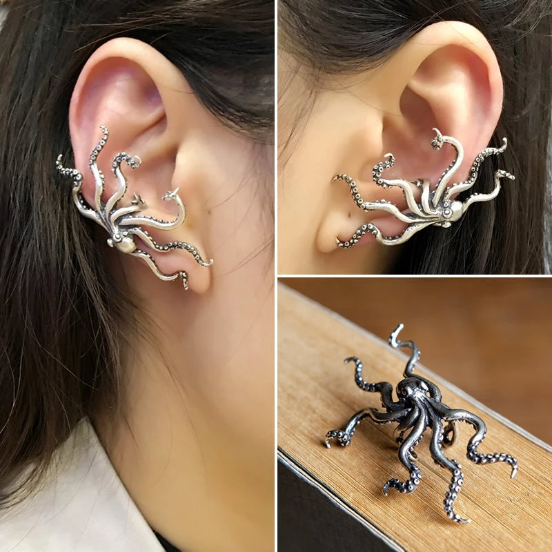 MKENDN Gothic Style S925 Big Octopus Ear Cuffs Vintage Ear Bone Clip Earrings For Women Men No Piercing Fake Cartilage Earrings