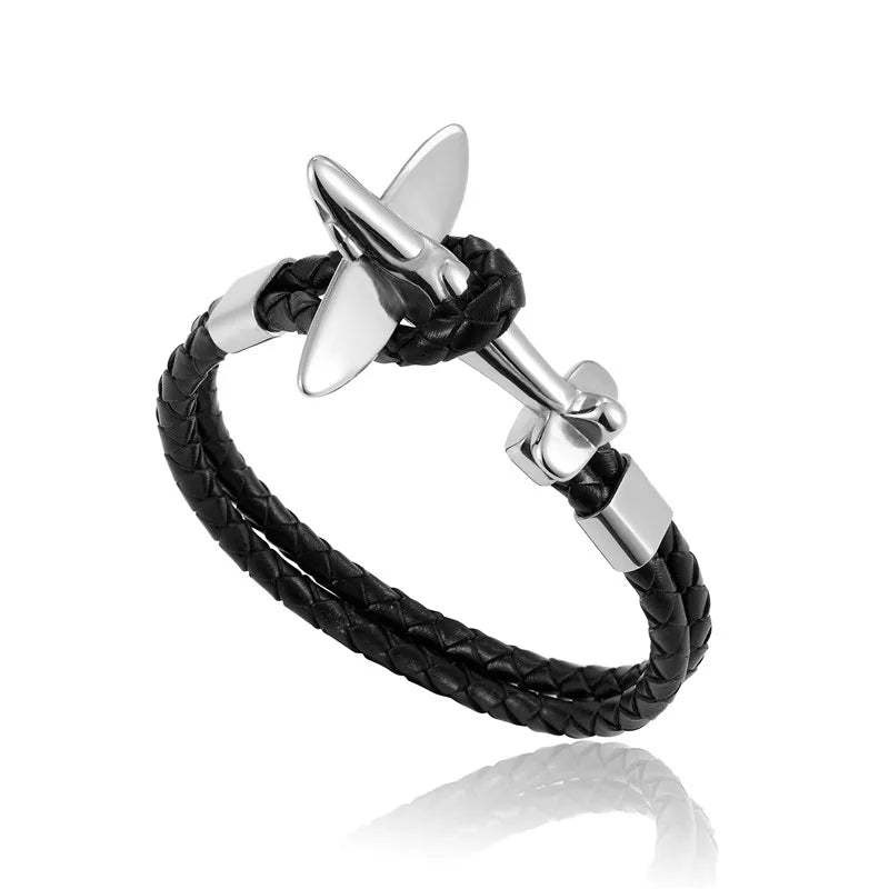 MKENDN Titanium Stainless Steel Airplane Anchor Bracelets Men Multilayer Braid Genuine Leather Bracelet Women Friendship Gifts