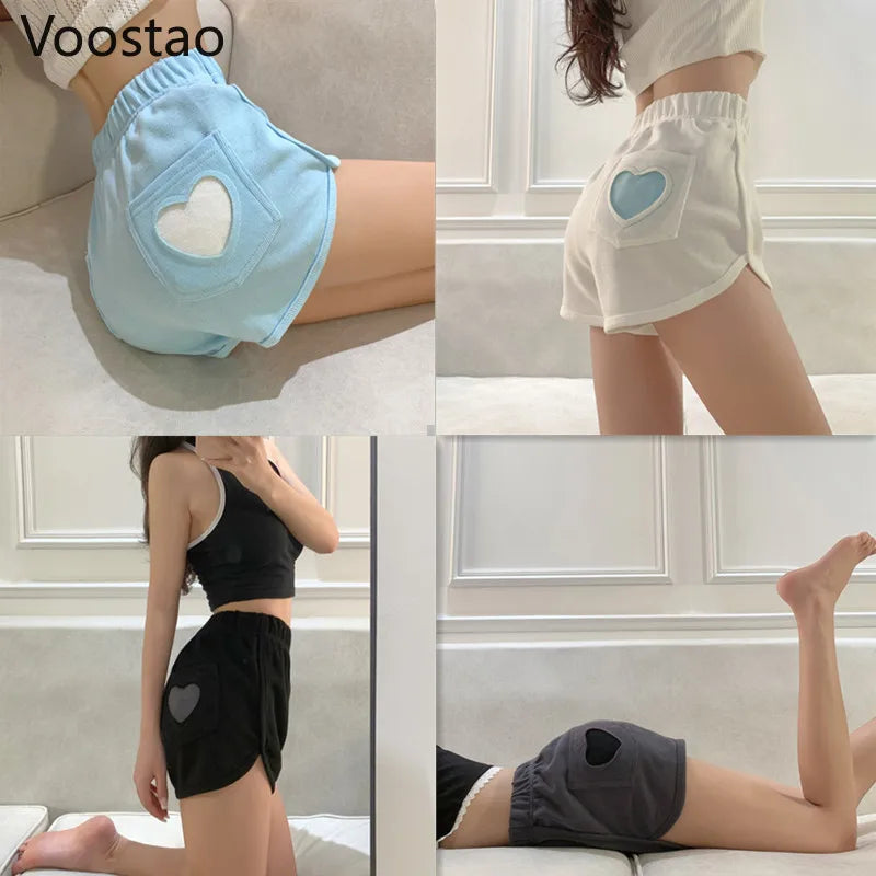 Summer Sweet Harajuku Sports Shorts Women Korean Cute Love Hearts Lolita Casual Shorts Girls High Waist Loose Punk Short Pants