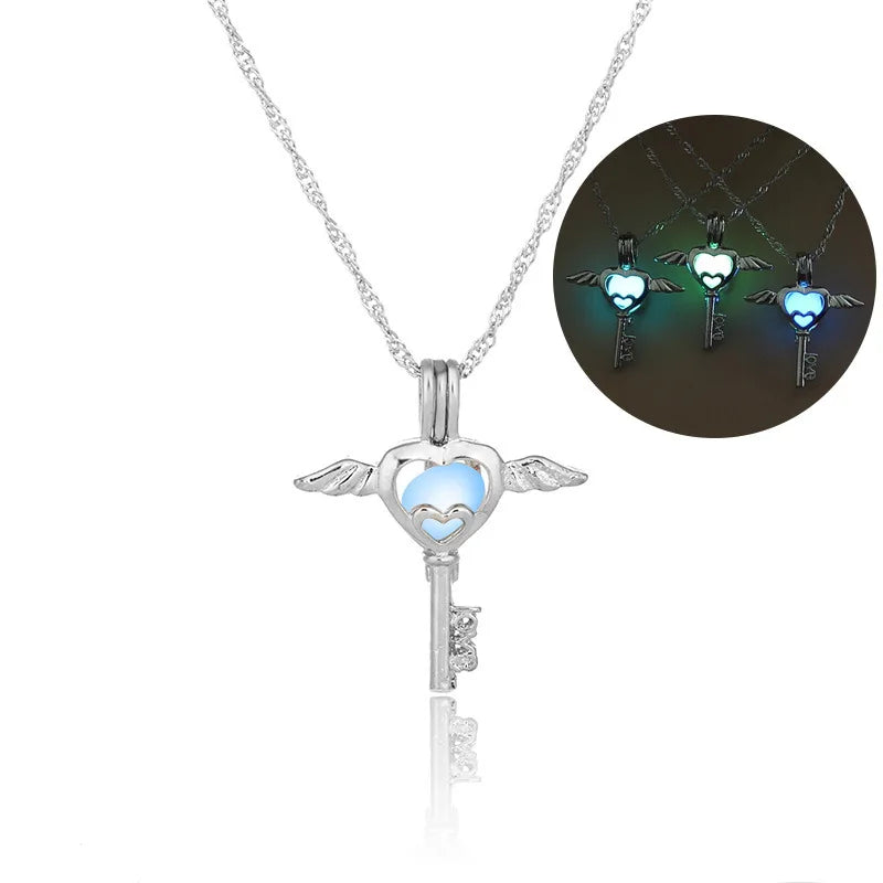 Glow in The Dark Locket necklace For Women Gun skull Heart mermaid Cross tortoise Glowing beads cage pendant Fashion Jewelry
