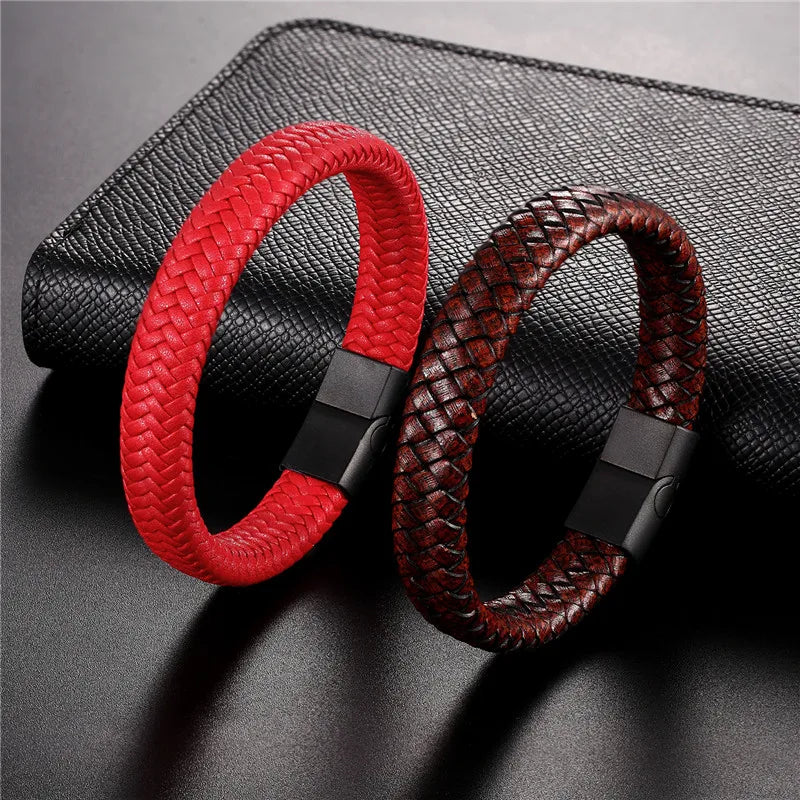 MKENDN Punk Style Leather Bracelet for Men Black Braided Woven Bangle with Magnetic Clasp Stainless Steel Jewelry Gift for Him
