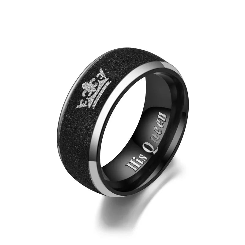 8MM Her King and His Queen Letter Rings For Women Men Crown Black Stainless Steel Matte Couple Ring Lovers Wedding Jewelry
