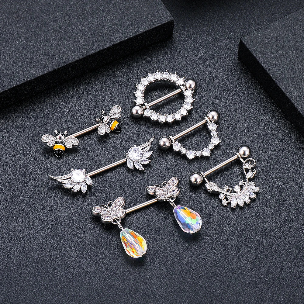 2 STK 14G Biene Gecko Flügel Brustwarzenringe Schildabdeckung Barbell Titanstahl Brustwarzenpiercing für Frauen Brust Körperpiercings Schmuck