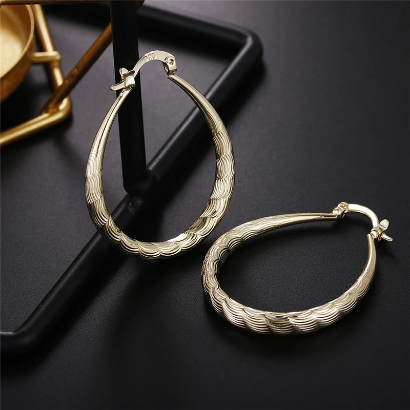 DOTEFFIL Round Circle U Ripple Hoop Earring Gold For Woman Fashion Party Wedding Engagement Party Jewelry