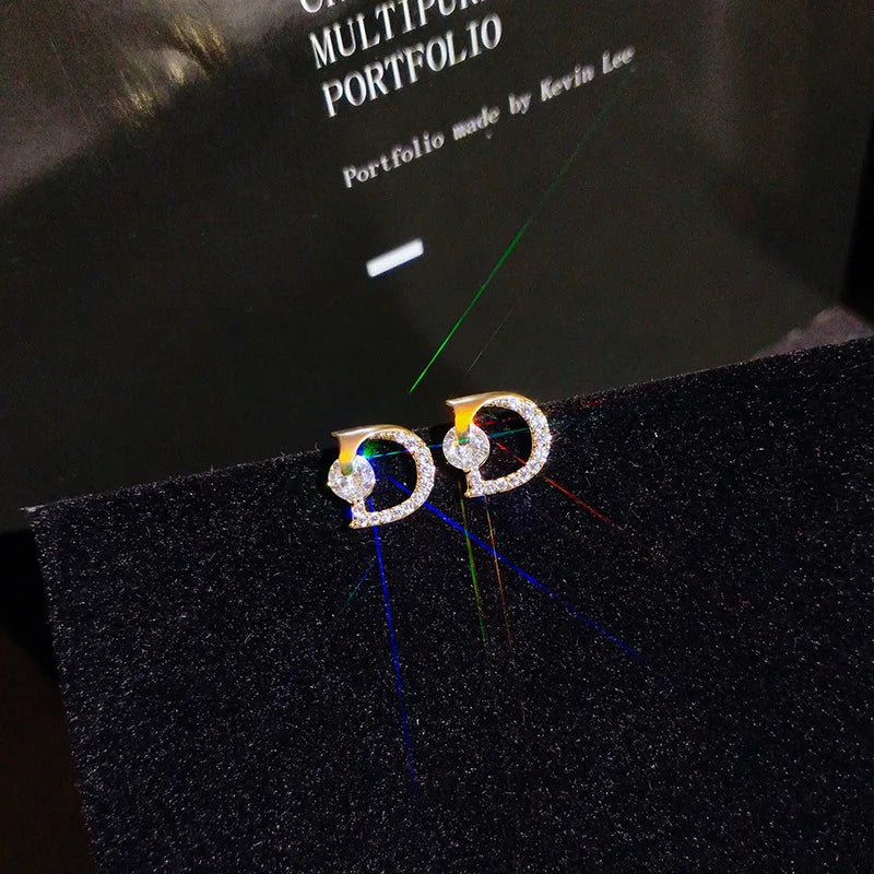 Romantic 14K Gold Plated Fashion D Stud Earrings Japanese&Korea Delicate Jewelry Zircon Earrings for Women Aretes De Plata 925