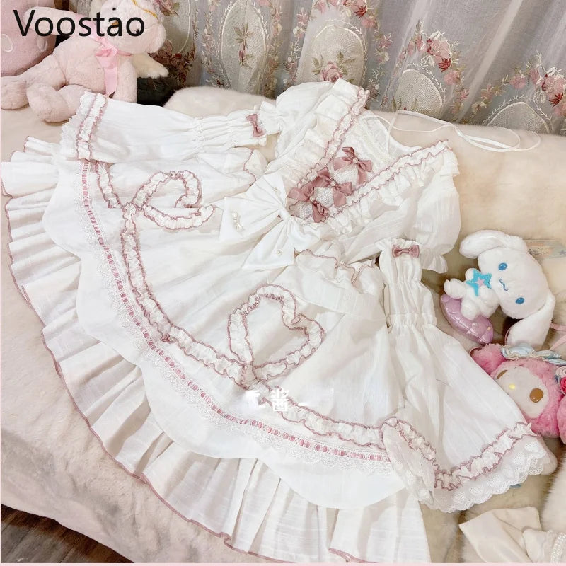 Sweet Chic Lolita Princess OP Dress Women Vintage Elegant Bow Lace Ruffles Pearls Flowers Wedding Dresses Girly Cute Party Dress