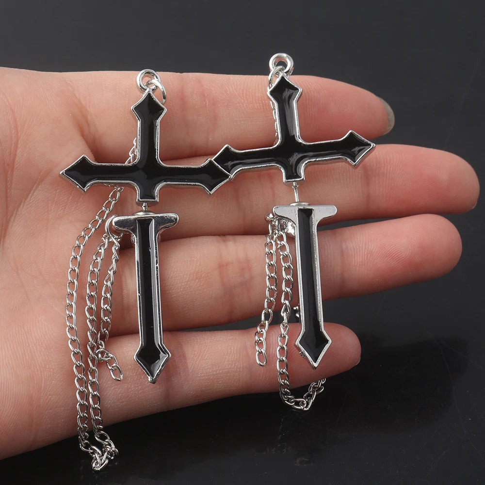2 Stücke Vintage Schwarzes Kreuz Ohrringe Punk Goth Lange Kette Harajuku Streetwear Unisex Ohrstecker Für Frauen Männer Koreanischen Schmuck