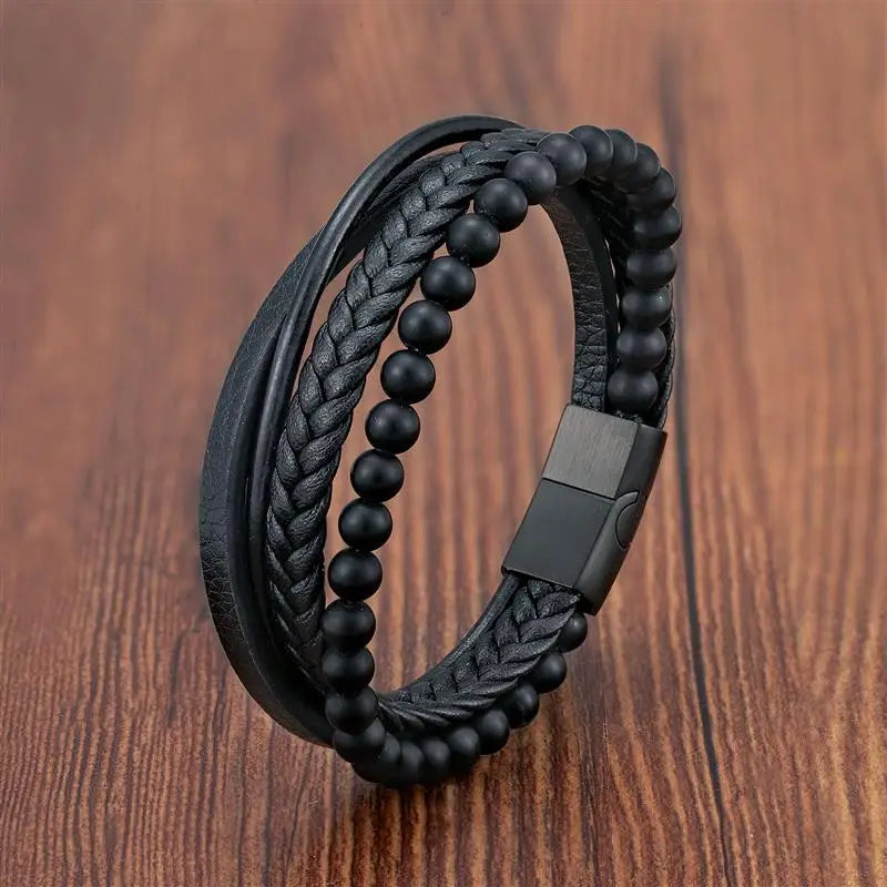 Fashion Volcanic Stone Beaded Mutilayer Leather Bracelet for Men Charm Stainless Steel Magnetic Clasp Wrap Bangle New Year Gift