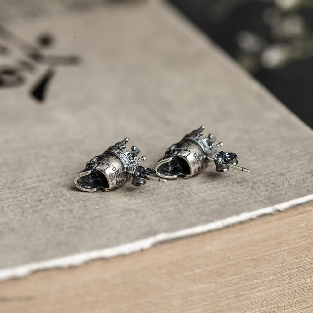 MKENDN 100% 925 Sterling Silver Creative Retro Skull King Crown Stud Earring Punk Gothic Style Ear Pin for Men Women Ear Jewelry