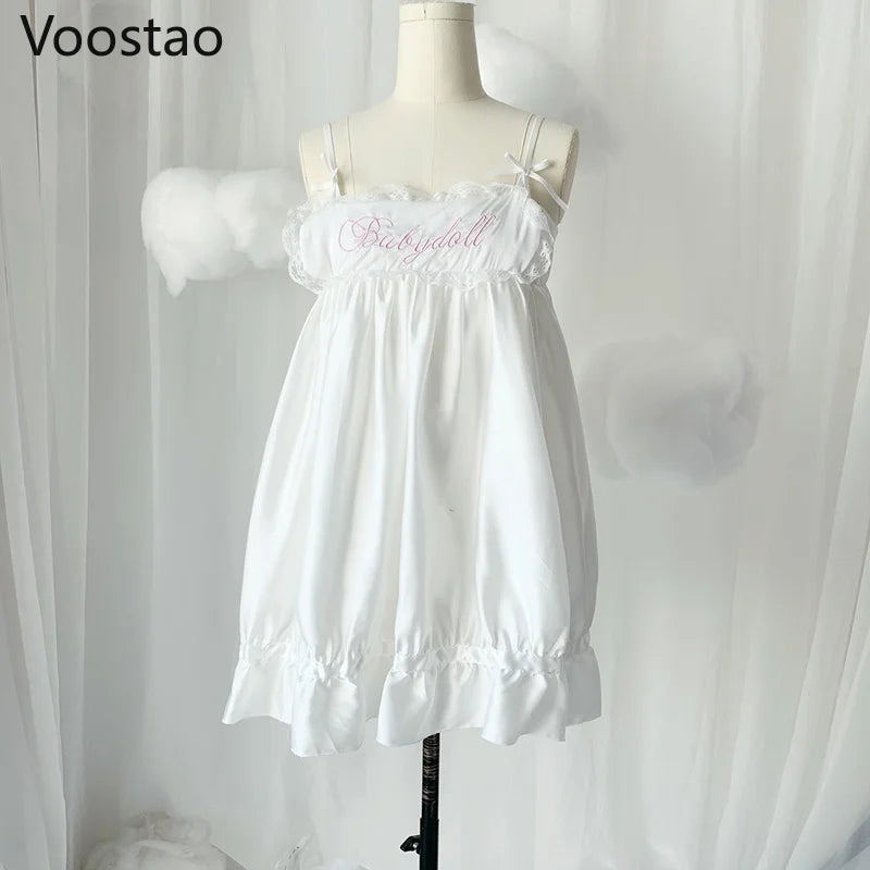Japanese Sweet Lolita Style Pajamas Mini Dress Women Cute Lace Embroidery Straps Nightgowns Kawaii Girls Harajuku Sleepshirts