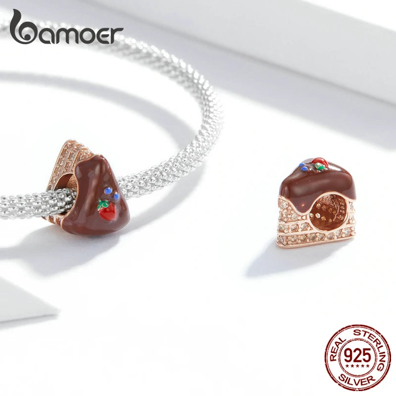 Bamoer Authentische 925 Sterling Silber Schokoladenkuchen Metallperlen zur Schmuckherstellung Silber Charm passend für Originalarmband BSC349