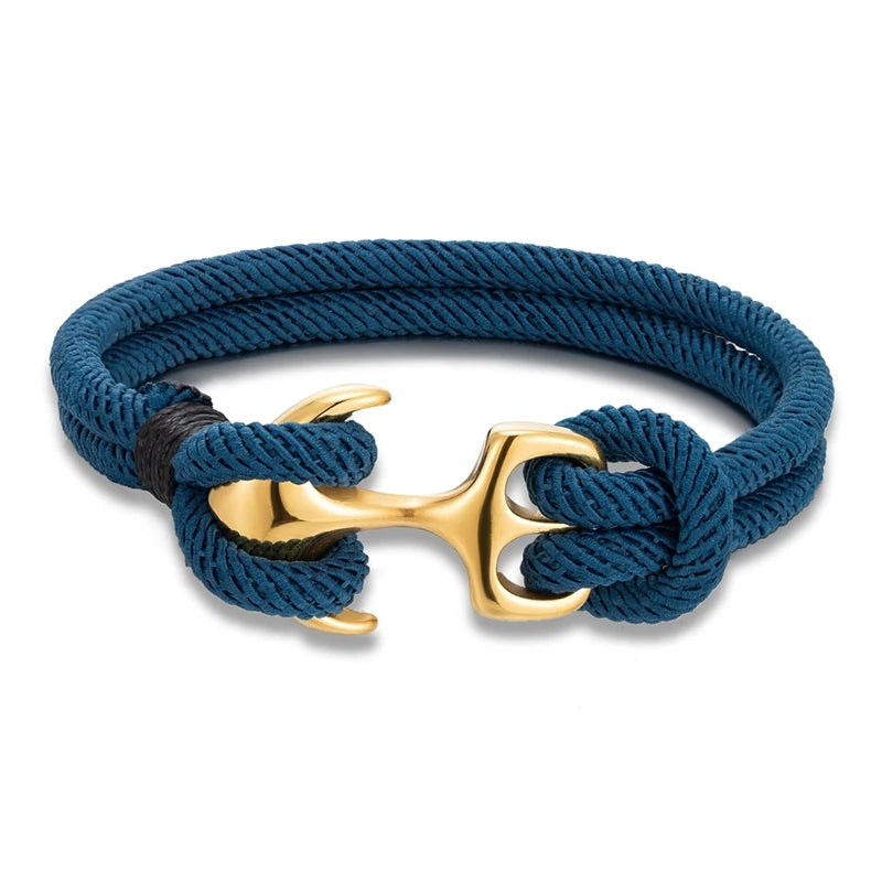 MKENDN 18K Plated Anchor Bracelets Men Double strand Nautical Survival Rope Paracord Bracelet Women Stainless Steel Sport Buckle