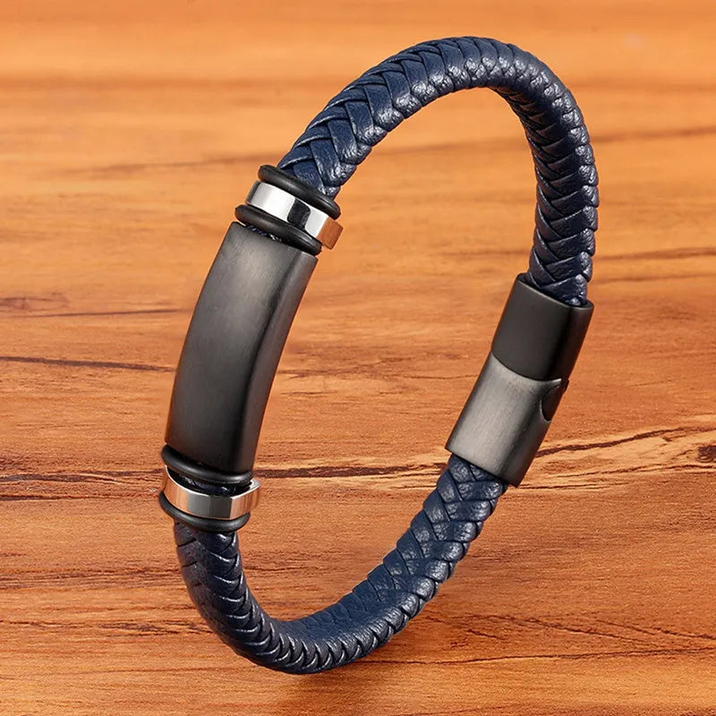TYO Fashion Stainless Steel Charm Magnetic Black Men Bracelet Leather Genuine Braided Punk Rock Bangles Jewelry Accessories - Madeinsea©