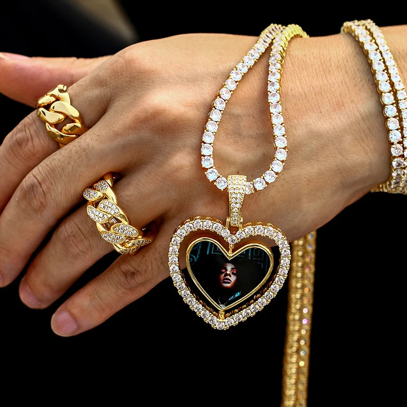 Custom Photo Pendant Necklace Heart Medallions Cubic Zirconia Rotating Double-Sided Custom Photo Gift For Mens Hip Hop Jewelry