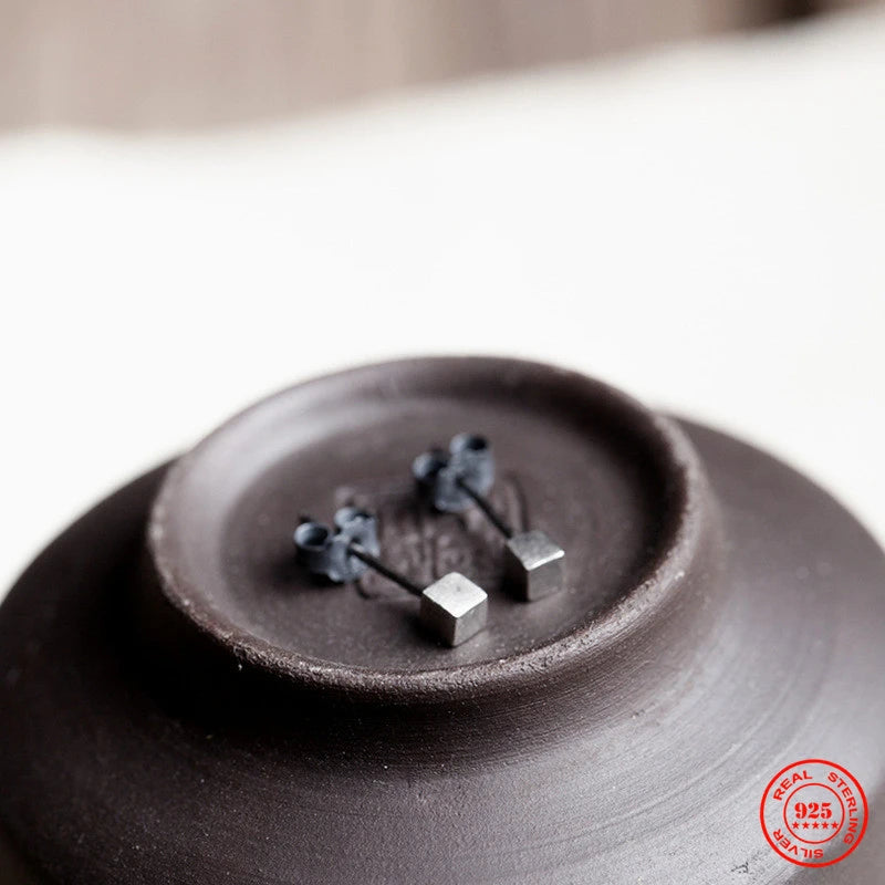 MKENDN 925 Sterling Silver Cute Cube Stud Earrings Men Women Personality Minimalist Prevent Allergy Ear Jewelry Neo-Gothic Style