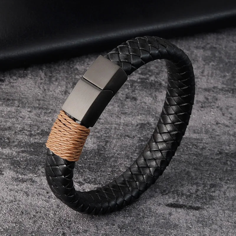 Bracelet MKENDN vintage en cuir noir, style punk, fermoir magnétique en acier inoxydable, jonc tressé, bijou tendance pour homme, cadeau idéal pour une soirée
