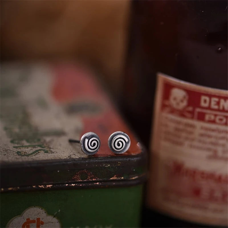 MKENDN Men Women Retro Exquisite Personality Swirl Round Stud Earrings Punk Hip-Hop Unisex Earrings 925 Sterling Silver Jewelry