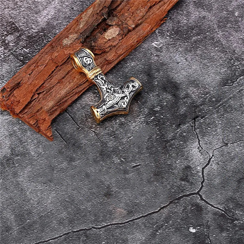 MKENDN Stainless Steel Norse Vikings Thor's Hammer Mjolnir Scandinavian Rune Amulet Pendant Necklace with Chain As Men Punk Gift