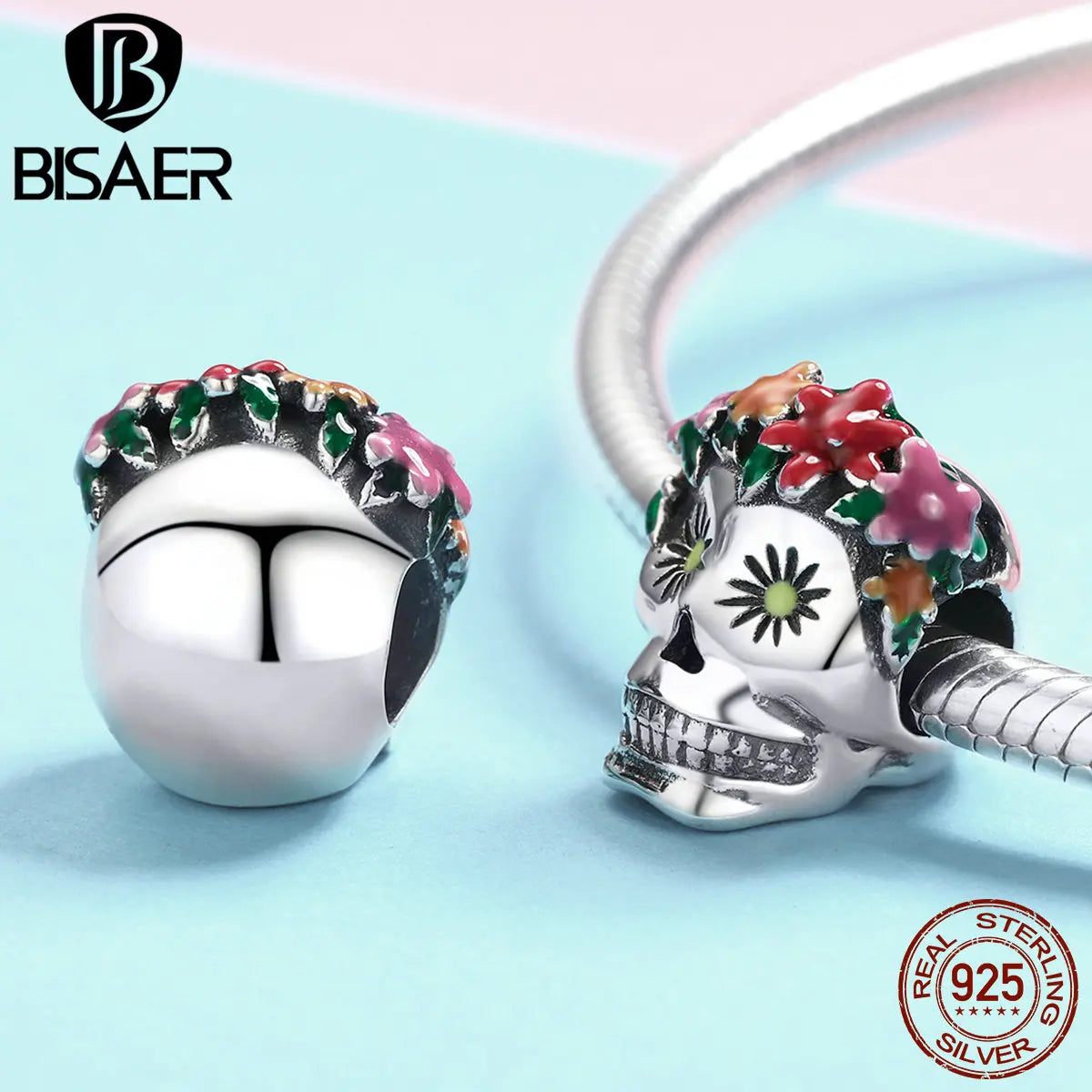 BISAER Pendentif tête de mort en argent sterling 925 avec breloque en forme de fantôme pour bracelets et colliers, fête d'Halloween, bijoux fins à faire soi-même