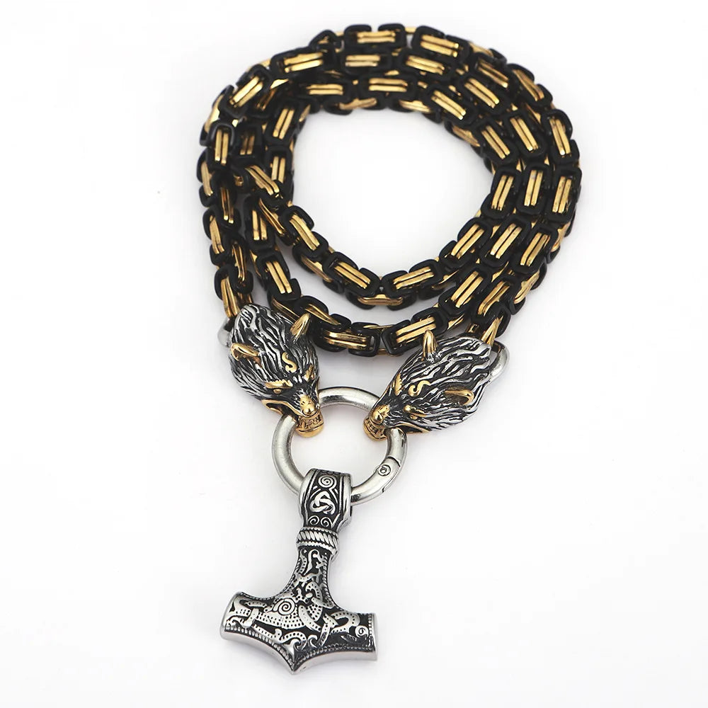 MKENDN Men Stainless Steel Wolf Head Norse Viking Amulet Thor Hammer Pendant necklace Never Fade Black Gold Plated King Chain
