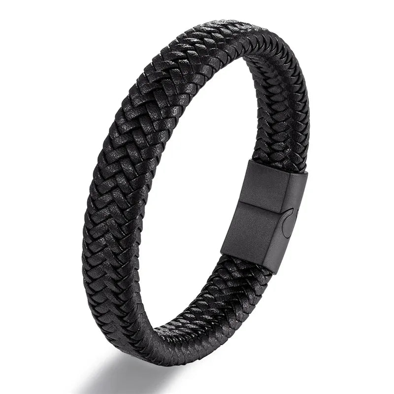MKENDN Punk Style Leather Bracelet for Men Black Braided Woven Bangle with Magnetic Clasp Stainless Steel Jewelry Gift for Him