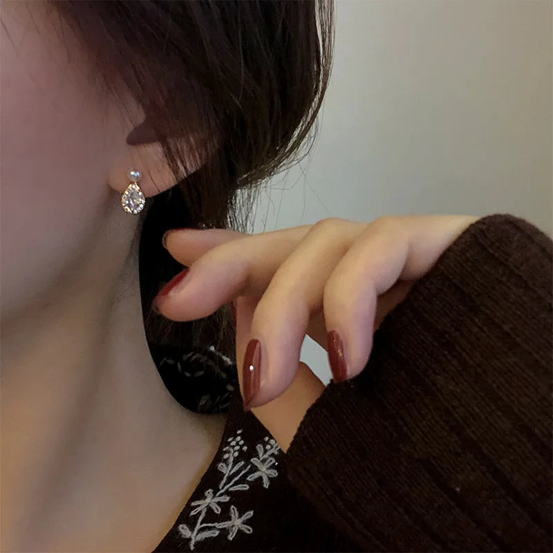 Boucles d'oreilles à tige en argent sterling S925 plaqué or 14 carats avec perles et zircons brillants en forme de goutte d'eau, bijoux de mariage pour femmes