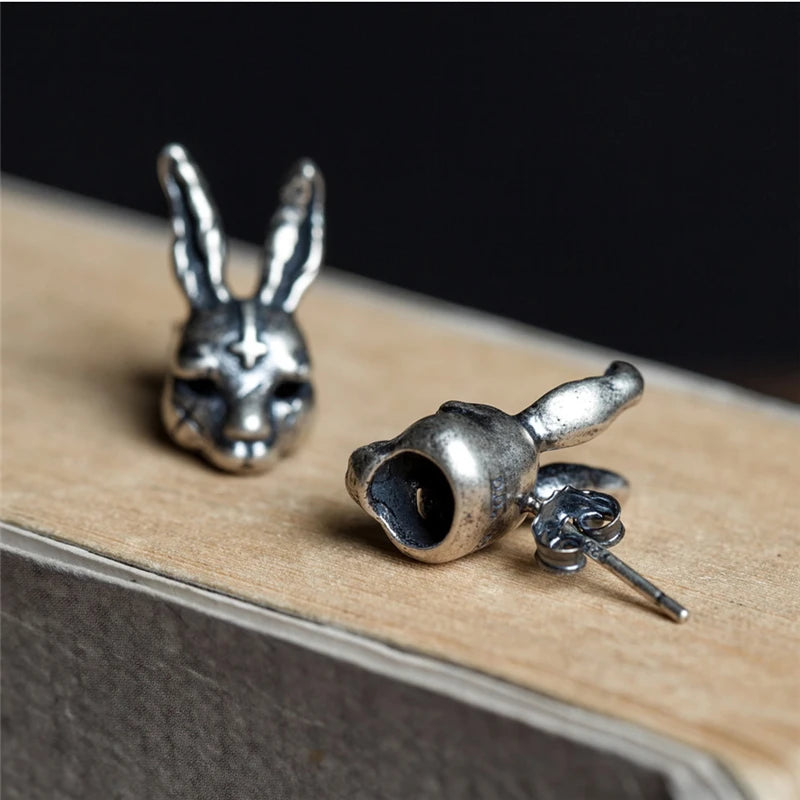 MKENDN Gothic Style Creative Vintage Cross Bunny Stud Earring Cute Rubbit 925 Sterling Silver Retro Punk Ear Jewelry