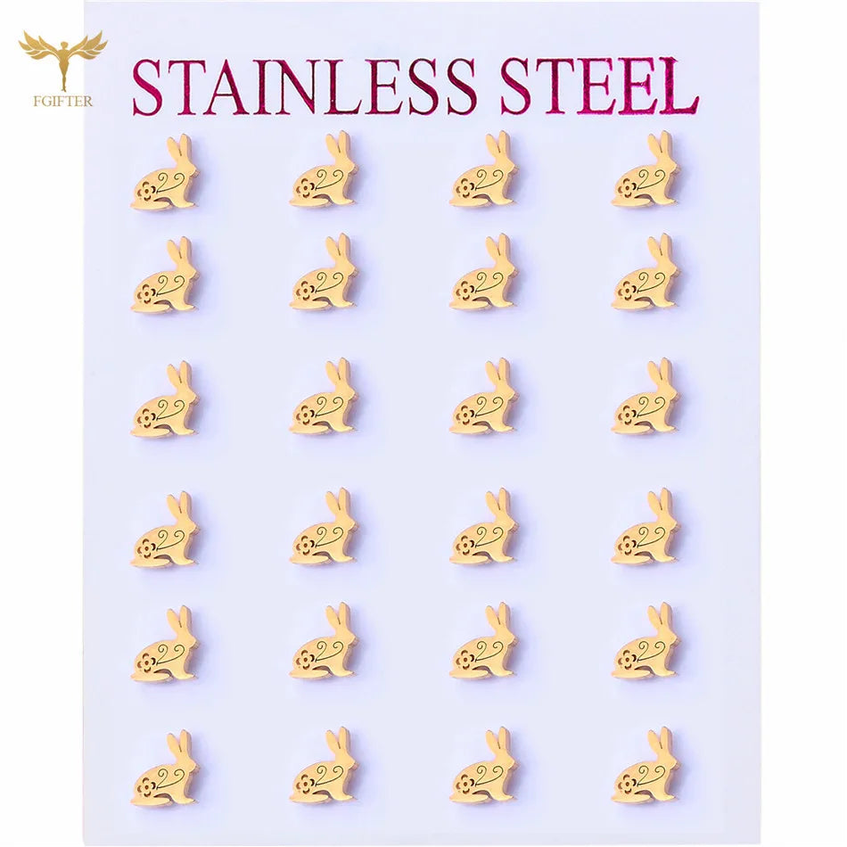 Stainless Steel Animal Stud Earrings Sets Cute Rabbit Bunny Earrings Retro Hollow Pattern Aesthetic Design Girl Jewelry Gift