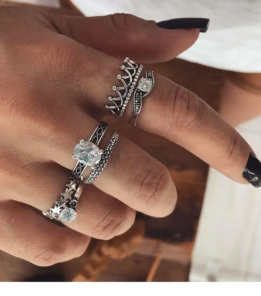 Vintage Boho Crystal Butterfly Rings Set For Women Zircon Leaves Stars Geometric Knuckle Finger Ring Wedding Party Jewelry Gifts