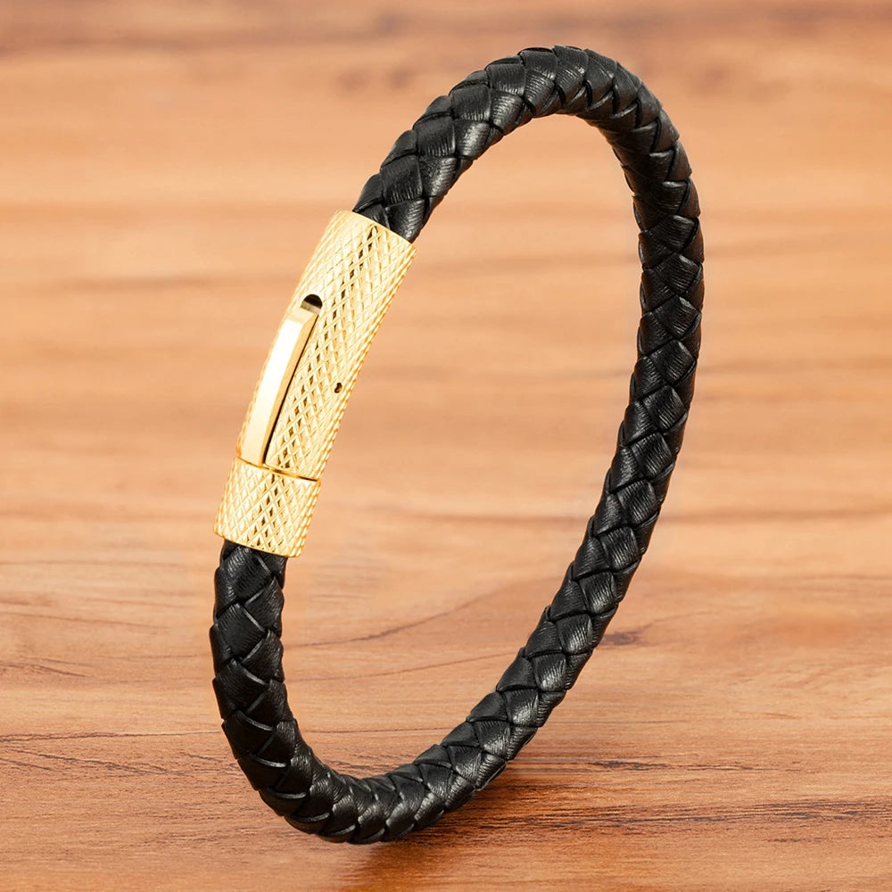 Bracelet TYO de luxe classique en acier inoxydable et cuir pour homme, tissé à la main, fermoir magnétique, noir, bijou simple, cadeau personnalisable