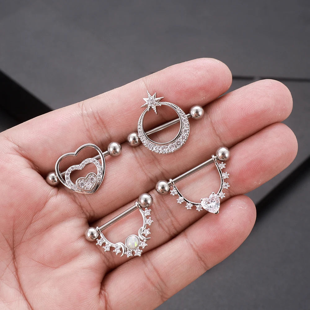 2PCS Rabbit Nipple Rings Crystal Steel Heart Snake Piercings Women Nipple Barbell Breast Shield Cover 14G Body Piercings Jewelry