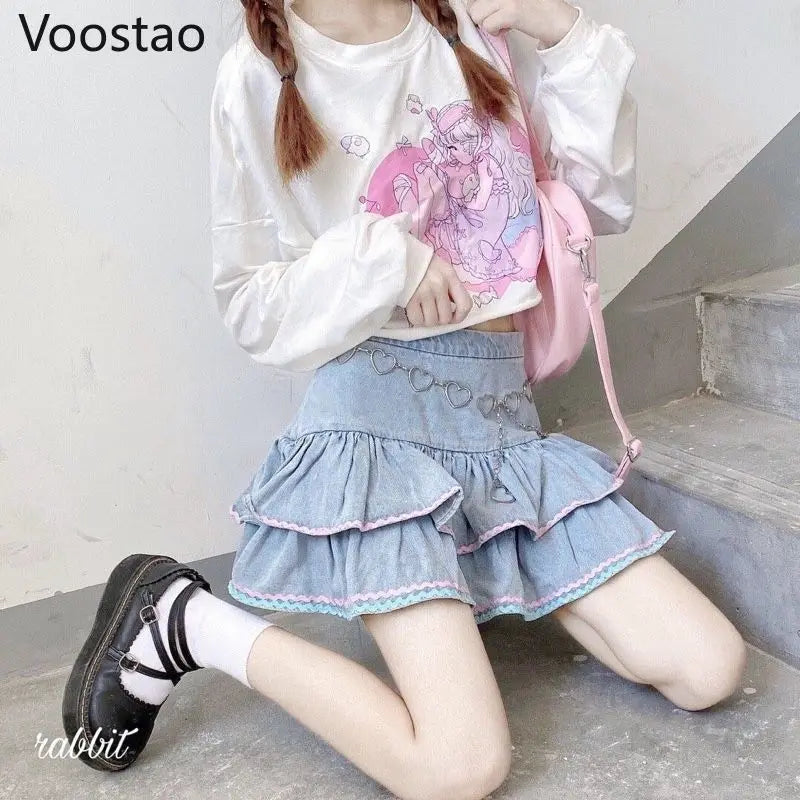 Sweet Lolita Style Mini Skirts Women Harajuku Cute Preppy Style Jk Denim Skirt Japanese Girls Sexy Punk High Waist Tiered Skirt