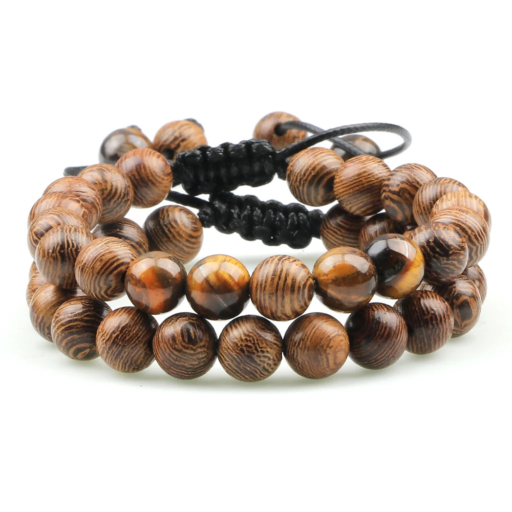 2Pcs Adjustable Braided Natural Stone Beads Bracelets&Bangles For Couples Women Men Tiger Eye Lava Bracelet Yoga Jewelry Pulsera