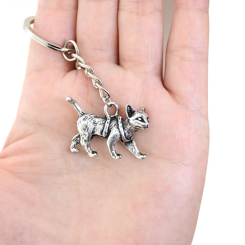 Retro Cat Keychain Vintage Silver Plated Pet Animal Key Chain Keyring Bag Charm Women Child Pet Lover Jewelry Accesorios Mujer